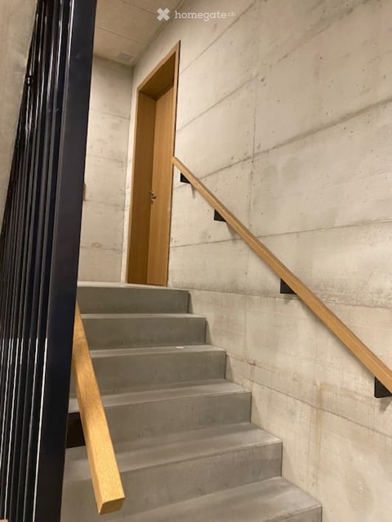 Modern concrete staircase with wooden handrails and a black metal railing, leading to an open wooden door.