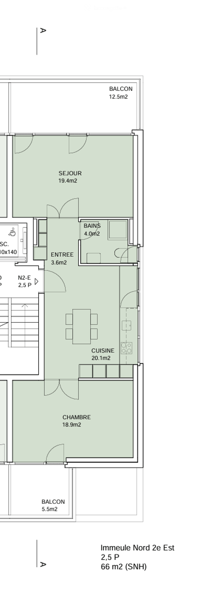 Floor plan of a 66 m2 apartment with a living room, kitchen, bedroom, bathroom, and two balconies.