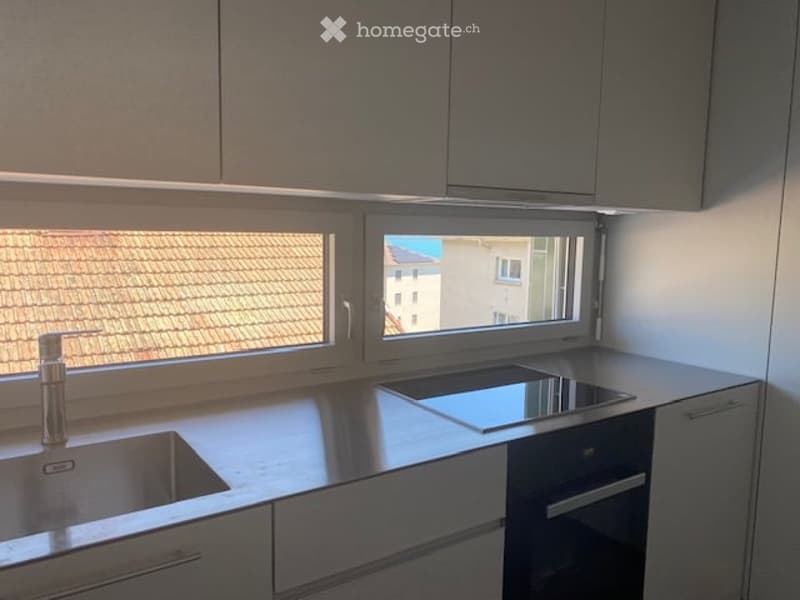 Modern kitchen with sleek, grey cabinets, a stainless steel sink, an induction cooktop, and an oven. Large windows provide natural light and a view of the roof.