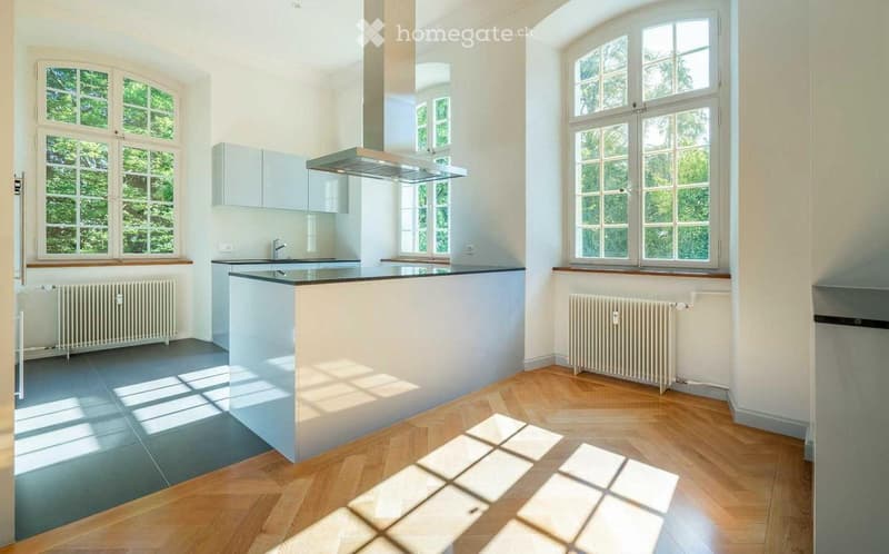 Modern kitchen with light grey cabinets, a central island, large windows, and wooden flooring.