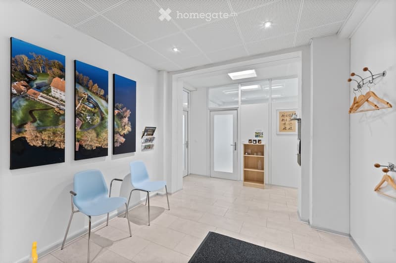 Modern, minimalist waiting area with light blue chairs, white walls, large artwork, and a small wooden shelf holding items.