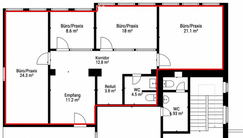 Floor plan showing four office/practice rooms, a corridor, reception area, two bathrooms, and a storage area.