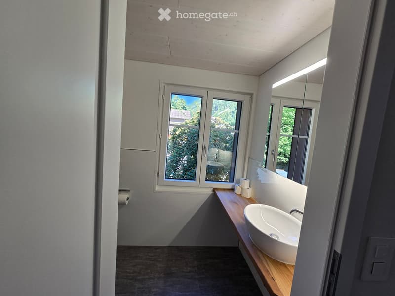 Modern bathroom with a white sink on a wooden vanity, a large mirror, and a window offering a view of greenery.