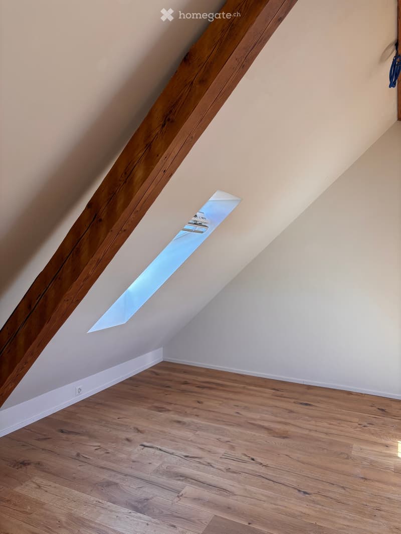 Empty attic space with wooden flooring, exposed wooden beams, and a skylight window allowing natural light to enter.