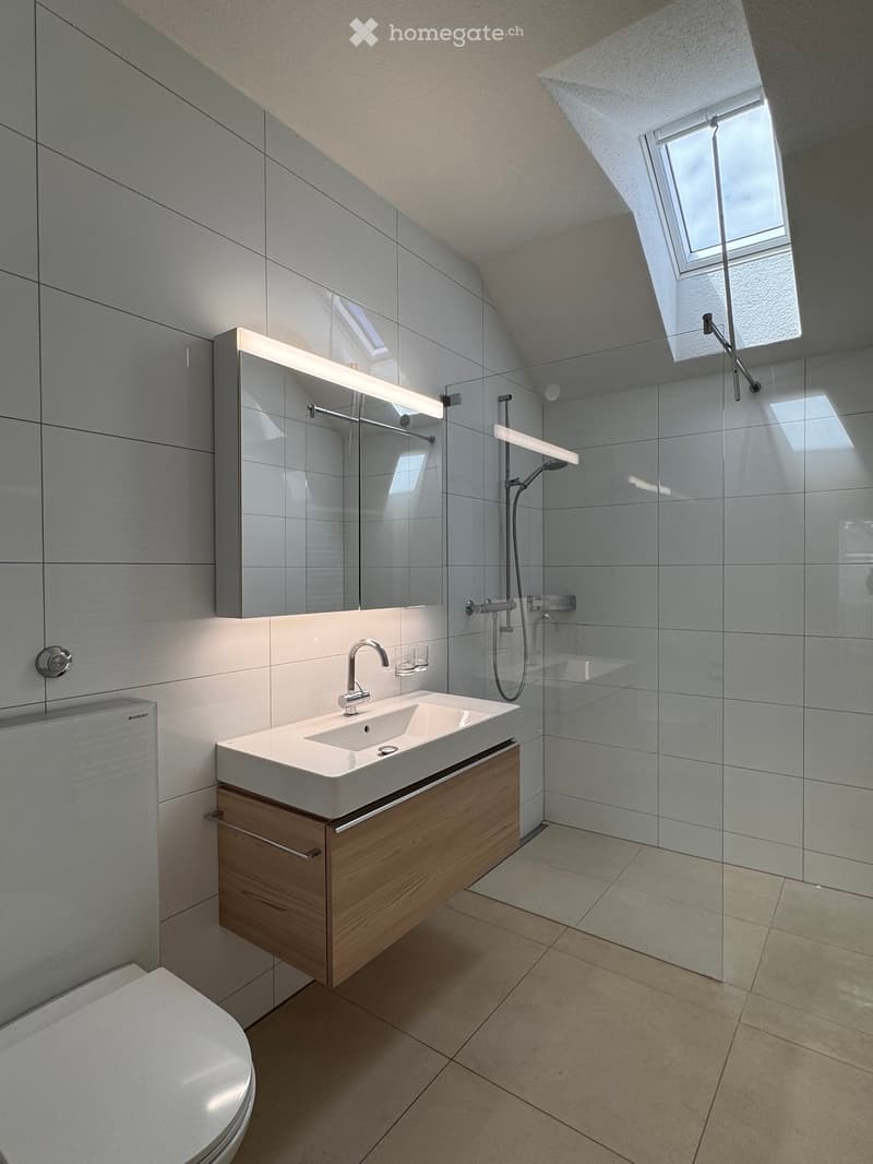 Modern bathroom with a white sink, wooden cabinet, mirror, toilet, and a glass-enclosed shower area. The room features large windows and sleek, contemporary design elements.