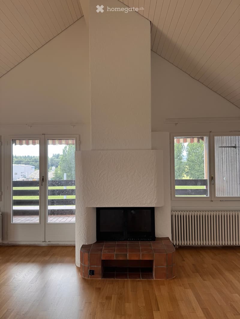 Empty room with wooden flooring, fireplace, large windows, and radiators.