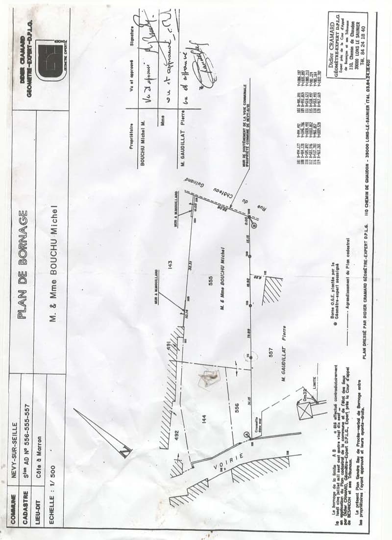 Floor plan of a property showing property boundaries, access points, and labeled areas including 'M. & Mme BOUCHU Michel' and 'M. GAUDILLAT Pierre'.