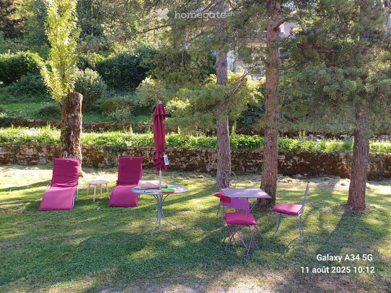 Garden area with a table, chairs, lounge chairs, and an umbrella, surrounded by trees and greenery.