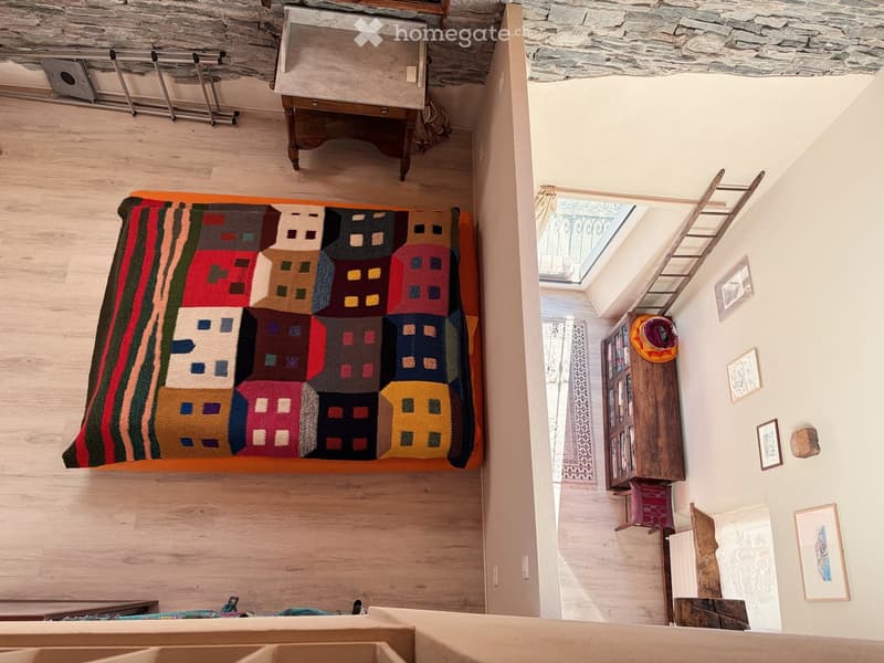 Raised ground floor, wooden floor, wall-mounted art, ladder, wooden furniture, skylight, rug, and decorative items