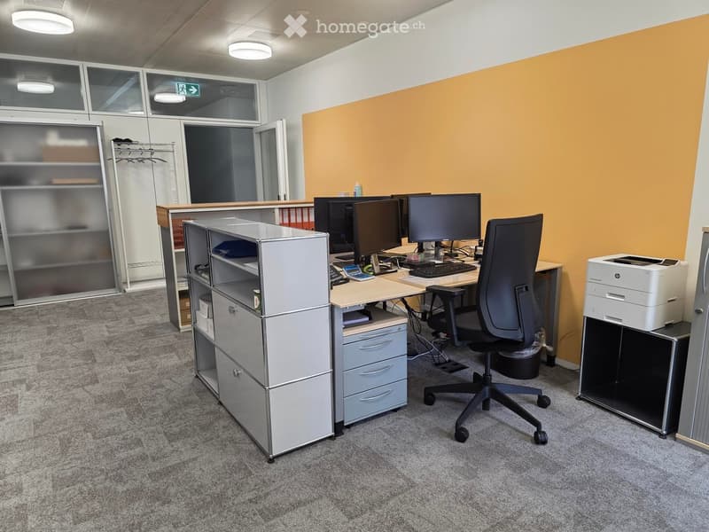 Modern office space with grey carpet, grey office chair, desk with computer monitors, keyboard, printer, and filing cabinet.