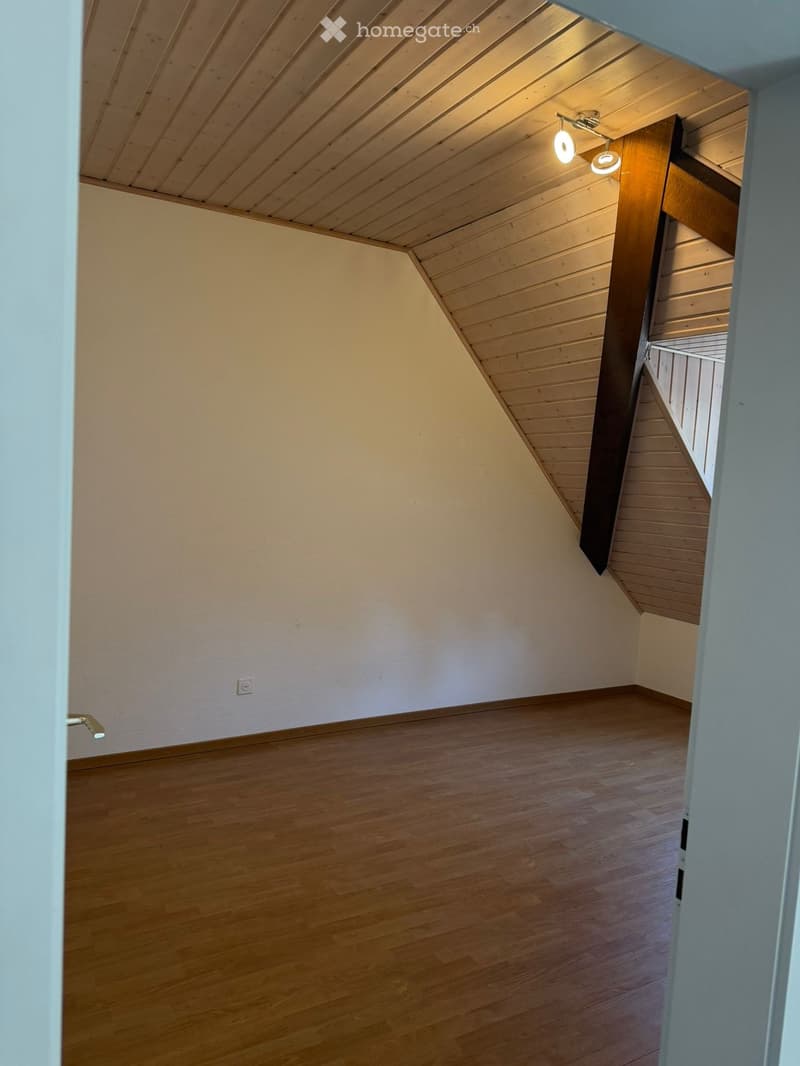 empty room, wooden floor, white walls, wooden ceiling, slanted ceiling, power outlet