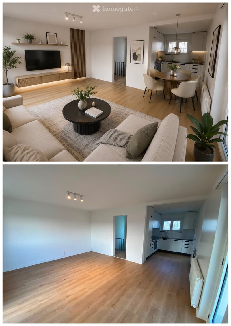 Modern living room with a sofa, coffee table, dining area, and kitchen. Features wooden flooring, large windows, and contemporary decor.