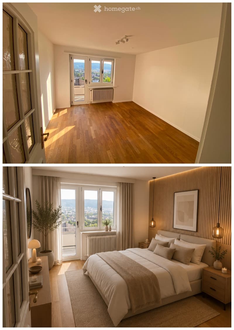 Modern, well-lit bedroom with wooden flooring, large windows offering a scenic view, a neatly made bed with pillows and a blanket, nightstands with lamps, a framed picture on the wall, and decorative plants.