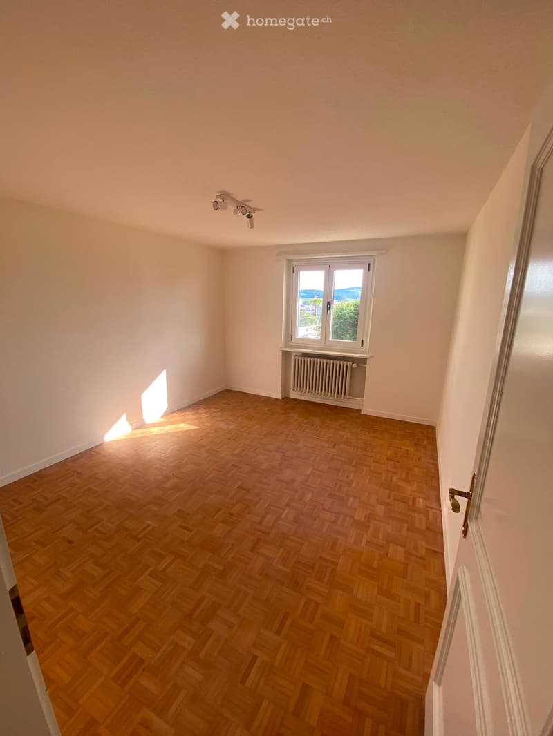 Empty room with wooden herringbone flooring, white walls, and a window with a radiator below. Natural light streams in from the window, illuminating the space.