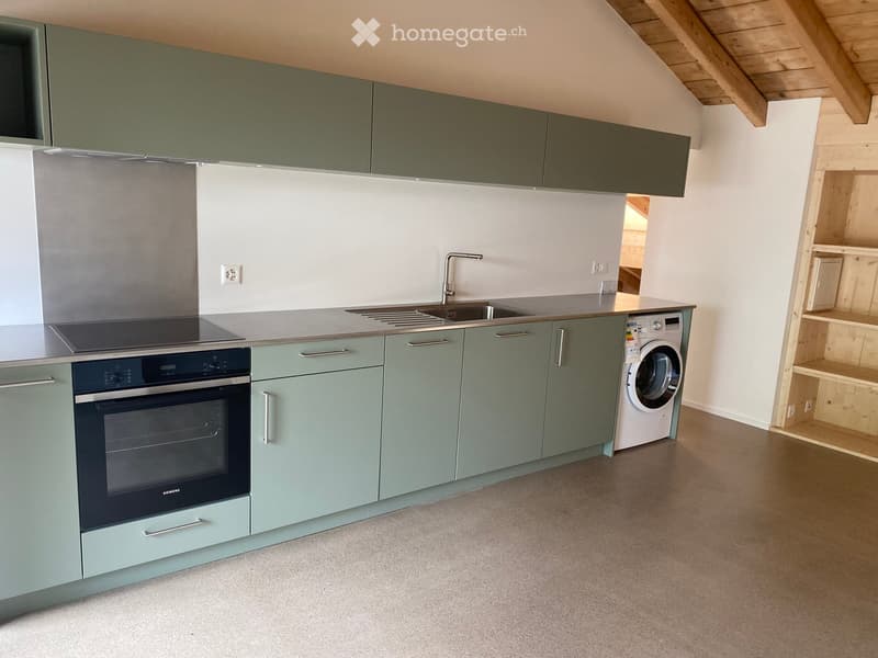 Modern kitchen with green cabinets, stainless steel appliances, and a built-in oven. Includes a sink with a faucet and a private washing machine.
