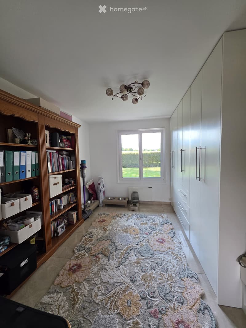A well-lit hallway with a large patterned rug, wooden bookshelf filled with books and storage boxes, white cabinet, and cat supplies including food bowls and a litter box.