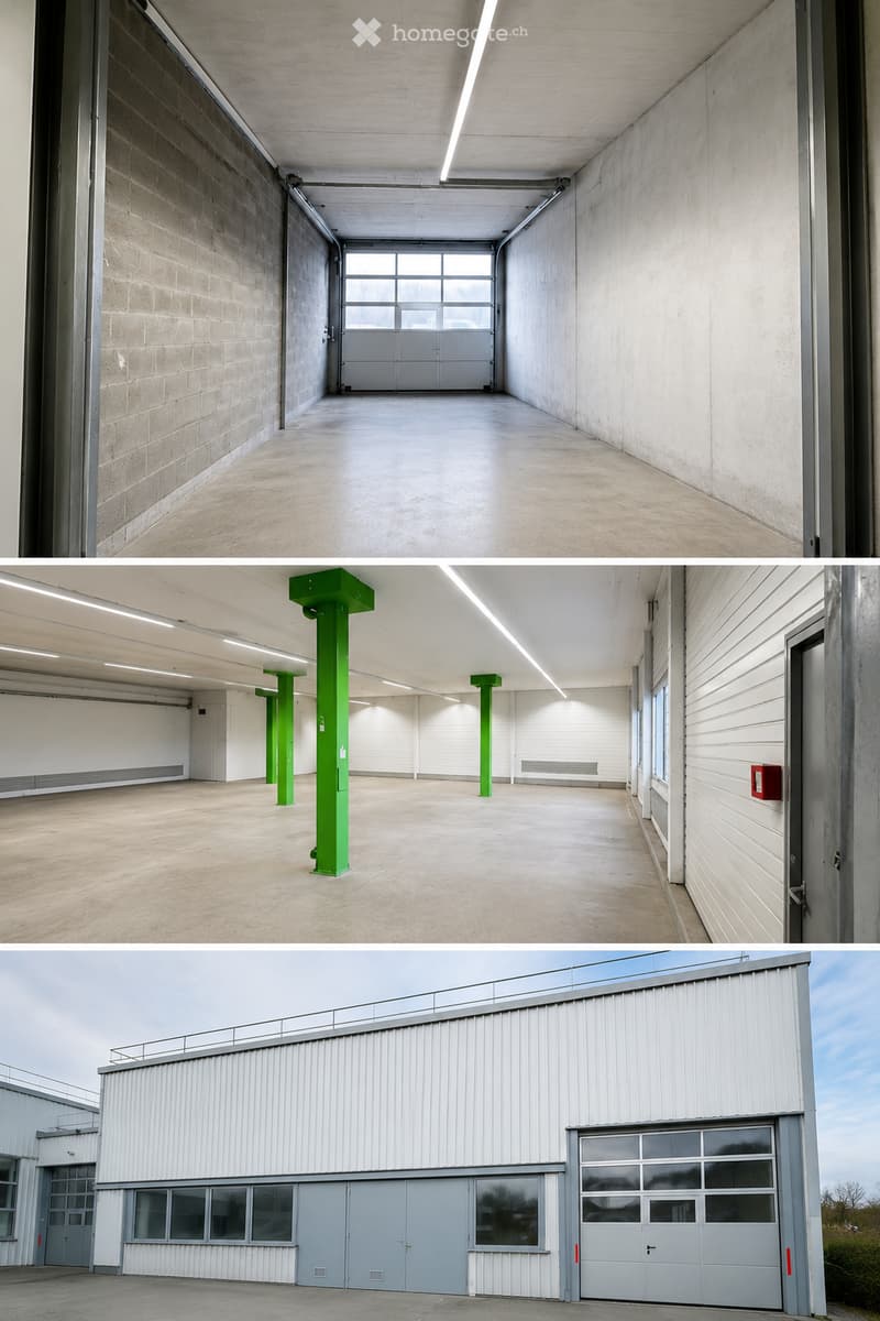 Three images showing an industrial building with large garage doors, concrete floors, and green structural pillars inside. The exterior features a modern, metallic facade with multiple garage doors and windows.