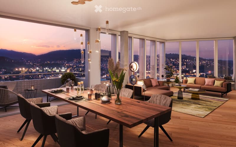 Modern living and dining area with large windows offering a cityscape view, featuring a wooden dining table, chairs, a sofa, and decorative lamps.