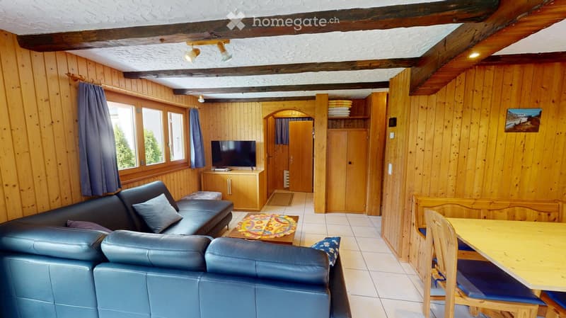 Cozy living room with wooden walls, exposed beams, and large windows. Features a dark blue leather sofa, a wooden coffee table, a television on a cabinet, and a small dining area with a table and chairs.