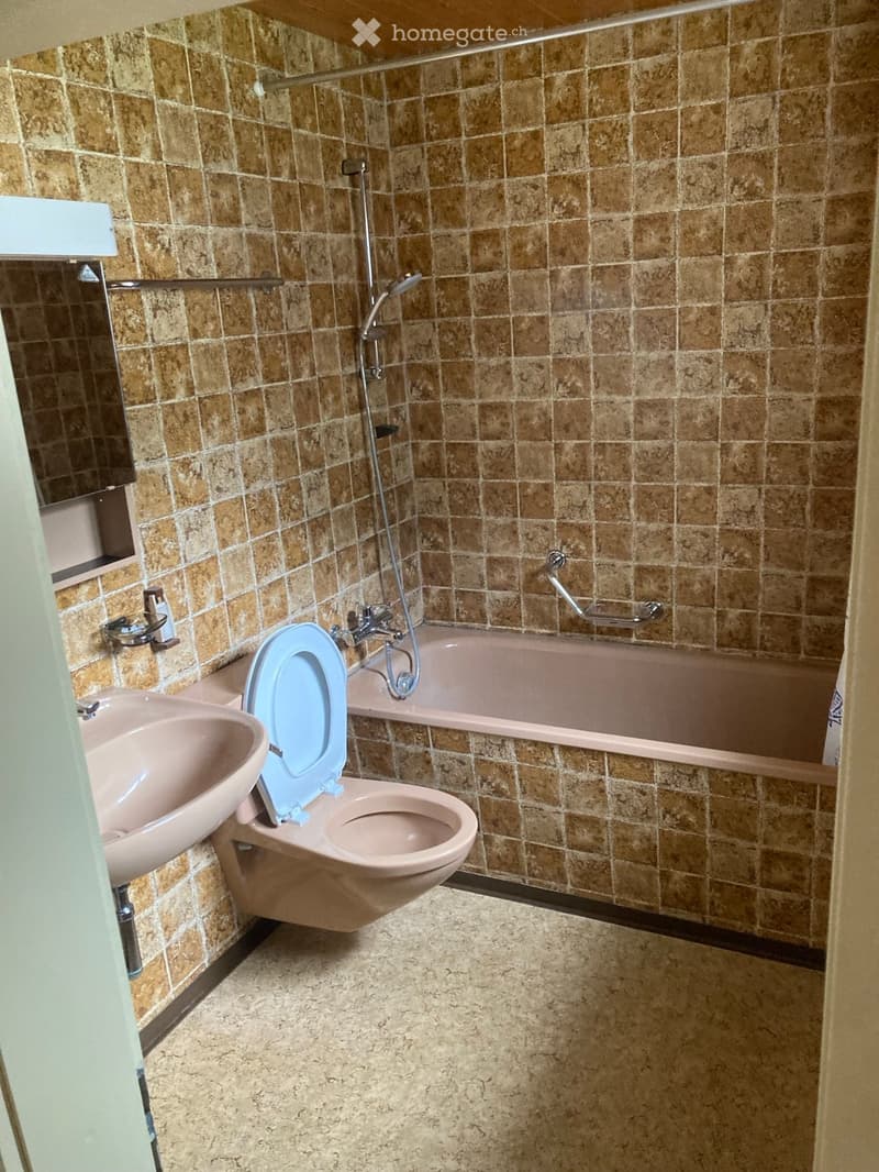 Bathroom with brown tiled walls, a pink sink, a pink toilet with a blue seat cover, a pink bathtub, and a mirror above the sink.