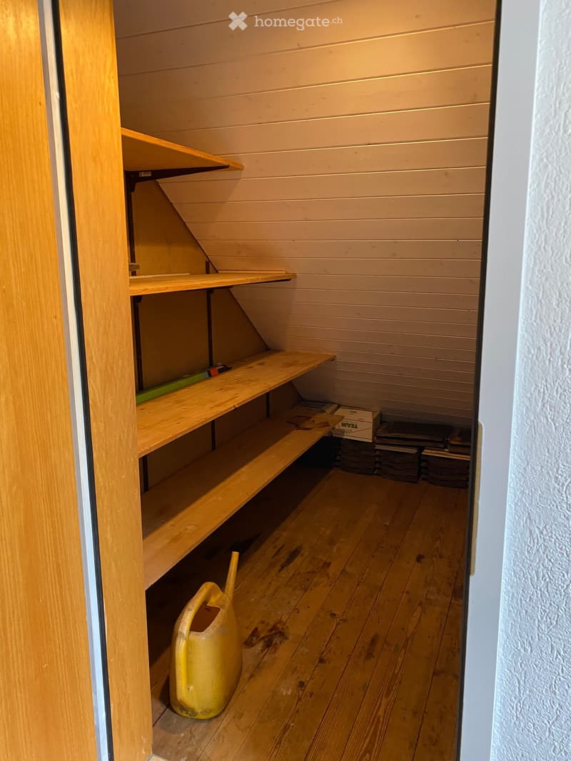 Empty wooden storage room with built-in shelves, a yellow watering can, and stacked items in the corner.