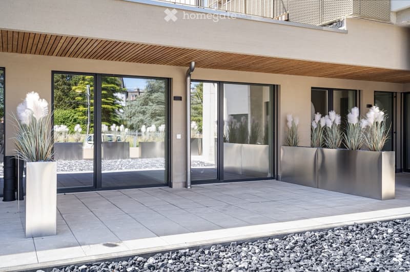 Modern outdoor area with large glass sliding doors, tiled floor, and tall metallic planters with white decorative plants.