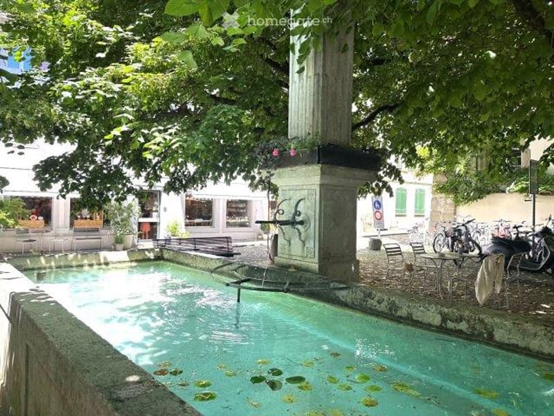 The image shows a public outdoor space with a small fountain or water feature in the center. The area is surrounded by lush green trees and vegetation, creating a serene and peaceful atmosphere. There are benches and bicycles visible, suggesting this is a