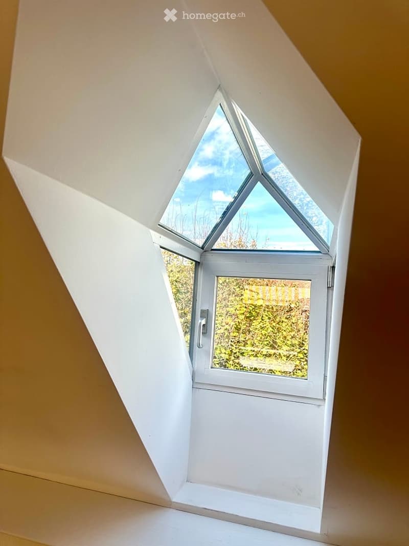 small triangular window, white frame, clear glass, sloped ceiling, beige wall, outdoor view