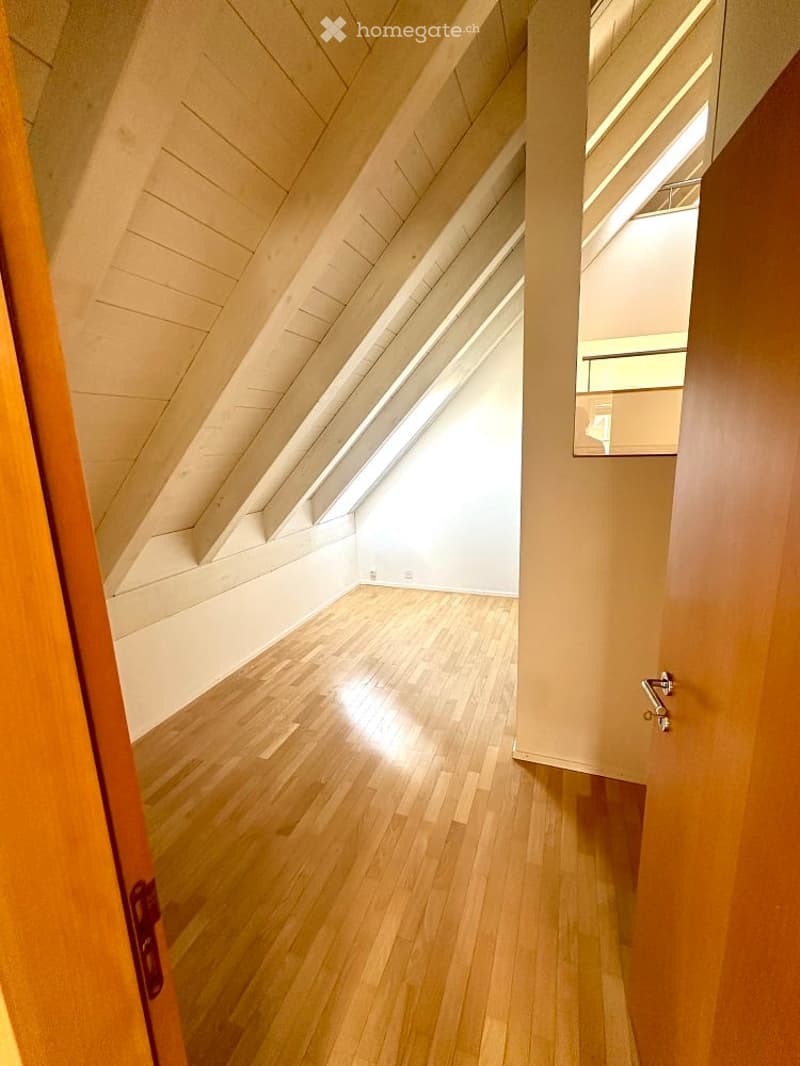empty room, wooden floor, slanted ceiling, skylight, white walls