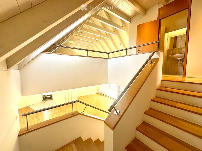 stairs, wooden floors, steel handrails, upper floor
