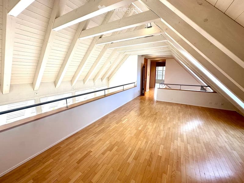 empty room, wooden floor, white wooden ceiling, metal railings, glass windows, white walls