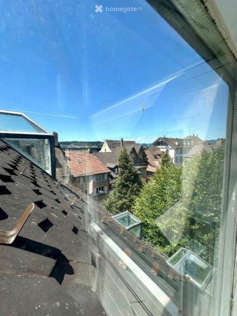 The image shows a view from a window or balcony. It overlooks a residential area with houses, trees, and a clear blue sky.
