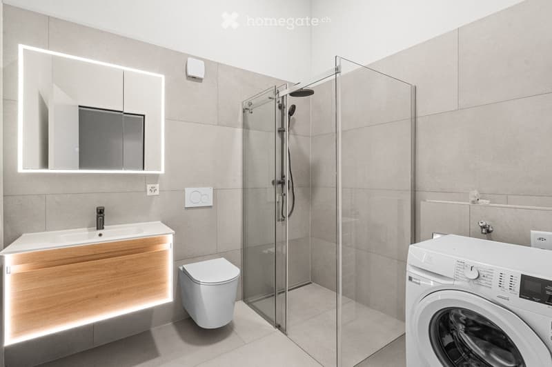 Modern bathroom with a white sink, wooden vanity, large mirror, toilet, glass-enclosed shower, and a washing machine.
