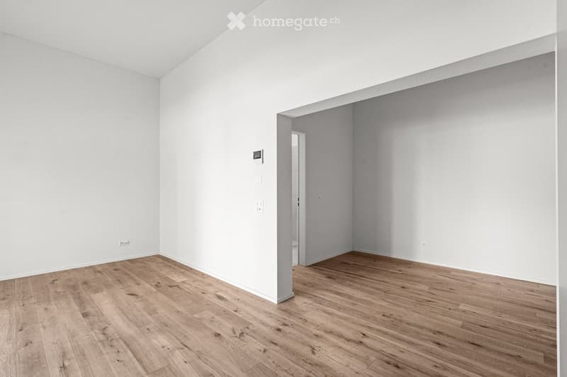 Empty room with light wooden flooring and white walls, featuring a doorway leading to another similar room.