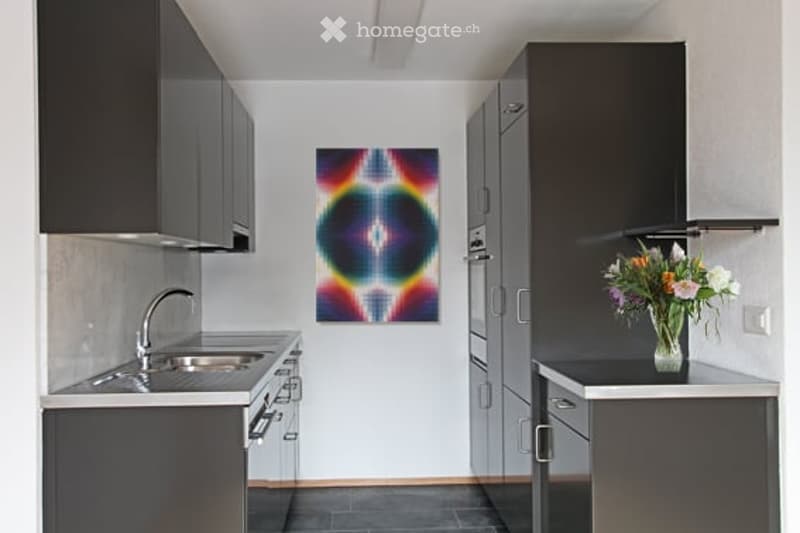 Modern kitchen with dark grey cabinets, stainless steel appliances, a sink with a faucet, a stove, and a colorful abstract painting on the wall. A vase with flowers sits on the counter.