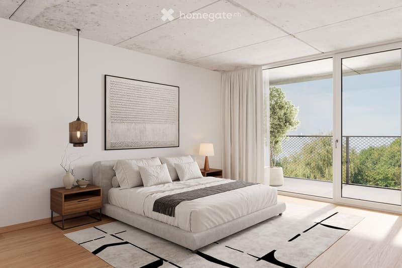 Modern bedroom with a large bed, nightstands, lamps, artwork, and a view of greenery through large windows.