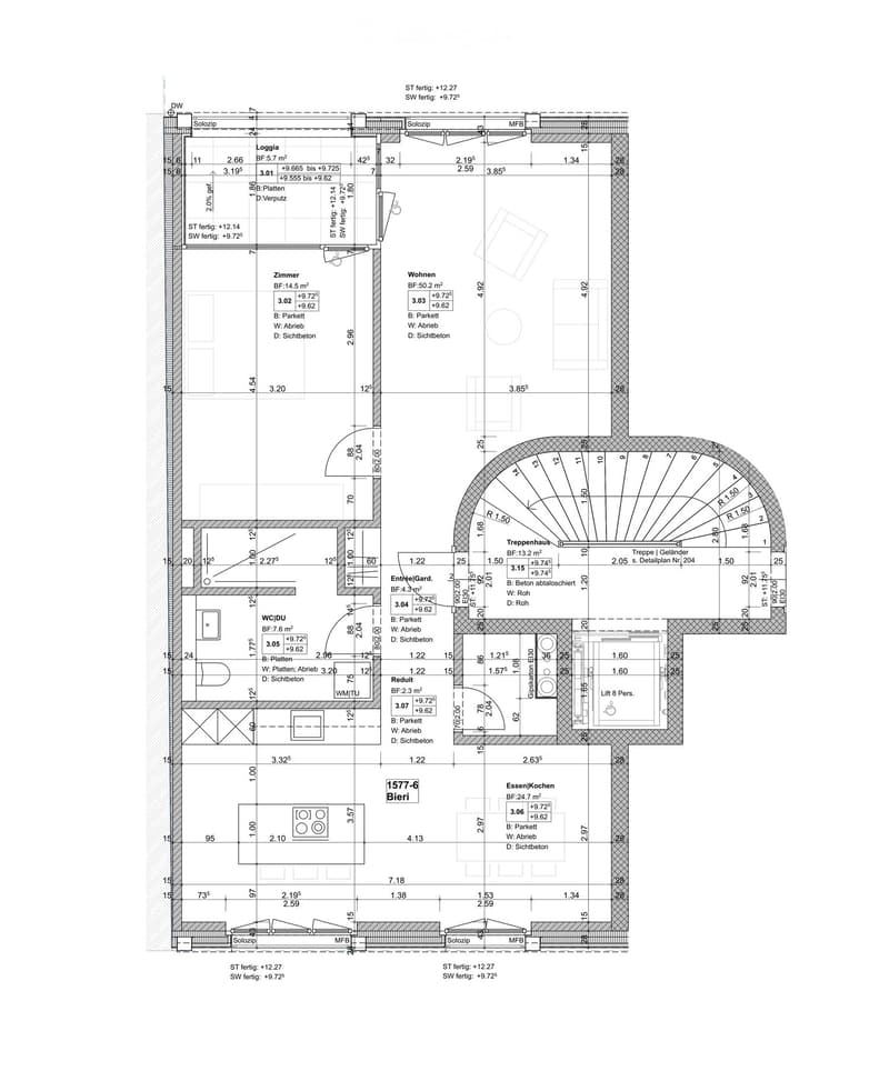 Floor plan of a residential unit labeled "1577-6 Bieri" showing multiple rooms including a living area, bedroom, kitchen, bathroom, entrance, staircase, and storage areas.