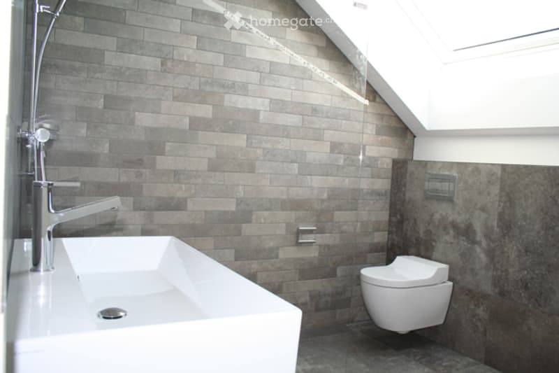 Modern bathroom with grey tiled walls, white sink, chrome faucet, and white toilet. The room features a skylight window and sleek, contemporary design.