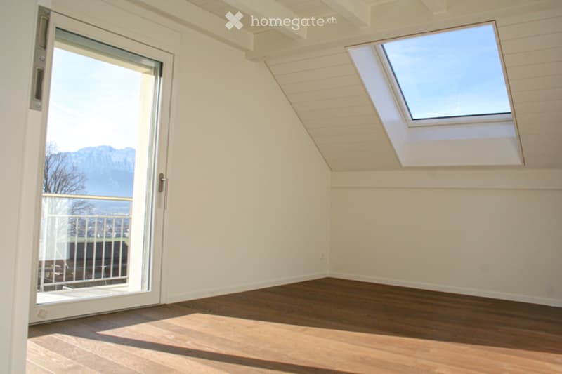Empty room with wooden flooring, white walls, large window with a view of mountains, and a skylight in the ceiling.