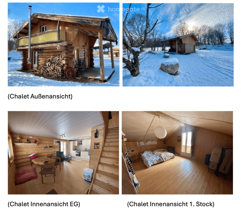 Wooden chalet with a raised ground floor, snow-covered surroundings, and interior featuring a kitchen, living area, and bedroom with wooden furniture and decor.