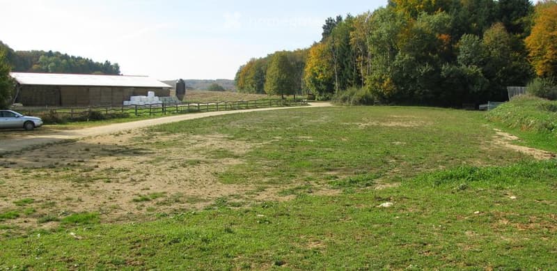 Open grassy field with a dirt path, surrounded by trees and a wooden fence. A barn and a parked car are visible in the background.