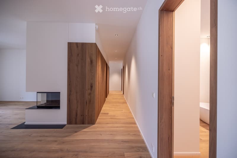 Modern hallway with light wooden flooring, white walls, recessed lighting, and a small built-in display case on the left side.