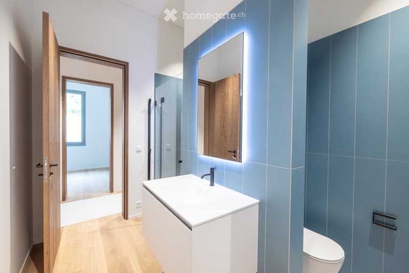 Modern bathroom with blue tiled walls, white sink, mirror, and toilet. Wooden flooring and open doorway leading to another room.