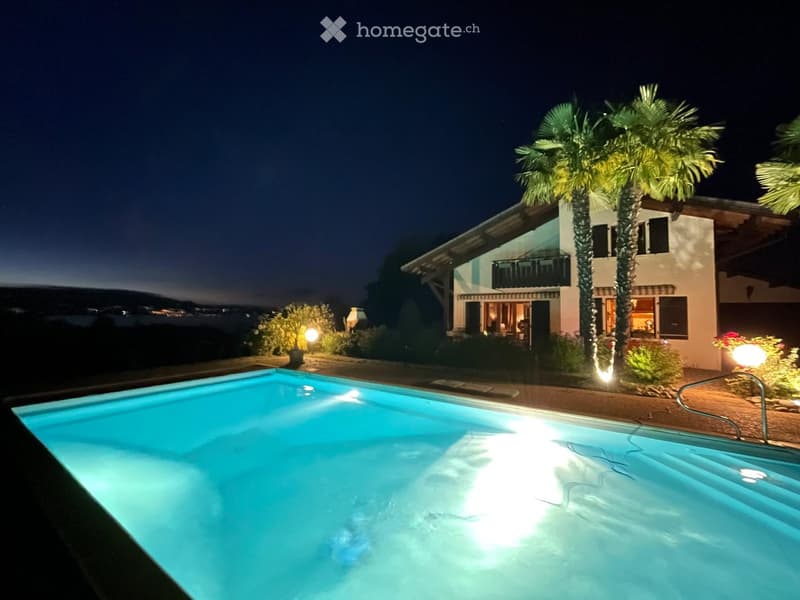 Night view of a modern house with a swimming pool, surrounded by palm trees and garden lighting, overlooking a scenic view.