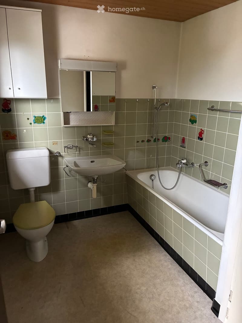 Bathroom with a toilet, sink, bathtub, mirror, and cabinet. Green tiled walls with decorative tiles and a beige carpeted floor.