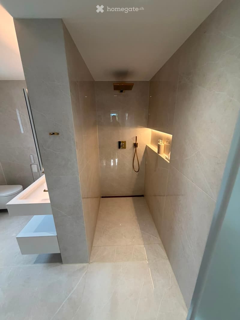 Modern bathroom with beige tiles, a built-in shelf with soap dispensers, a shower with a handheld hose, a toilet, and a bathtub.