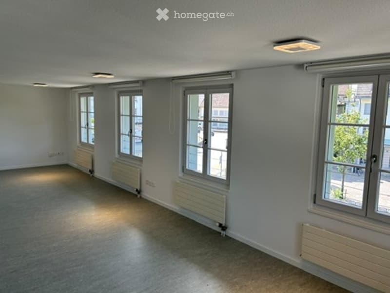 Empty room with light grey walls, carpeted floor, and multiple windows with white frames. Radiators are visible under each window, and the ceiling has recessed lighting.