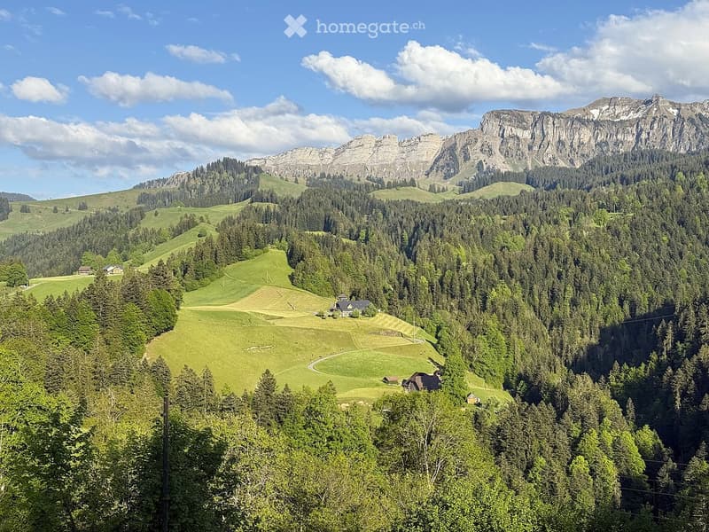 A panoramic view of a lush green valley surrounded by dense forests and towering mountains under a partly cloudy sky. A few scattered houses are visible in the valley.