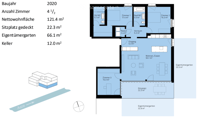 Floor plan for a 4 1/2 room apartment built in 2020, with a net living area of 121.4 m2, covered seating area of 22.3 m2, private garden of 66.1 m2, and cellar of 12.0 m2.