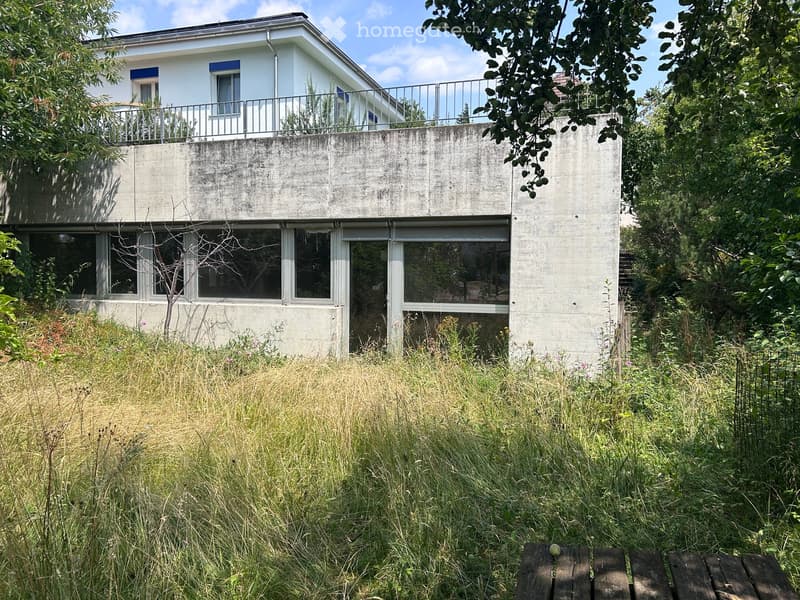 Modern two-story concrete house with large windows and a raised ground floor, surrounded by overgrown grass and trees.